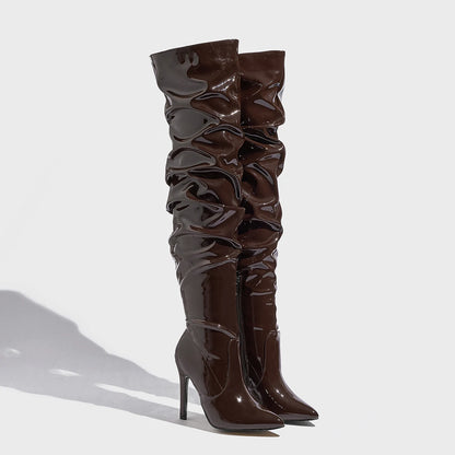 Sharp Pointed Patent Leather Fashionable Women's Boots Model Walking High Heels Boots Brown High Top Knee Size
