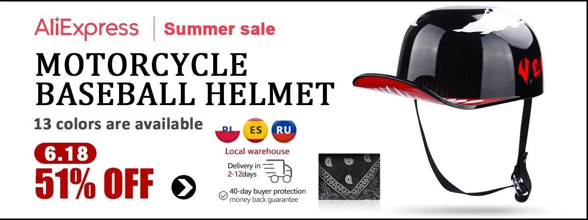 Uchoose Baseball Cap Helmet Motorcycle Vintage Retro Helmets Summer Open Face Scooter Cruiser Chopper Gangster DS Men Women Kid