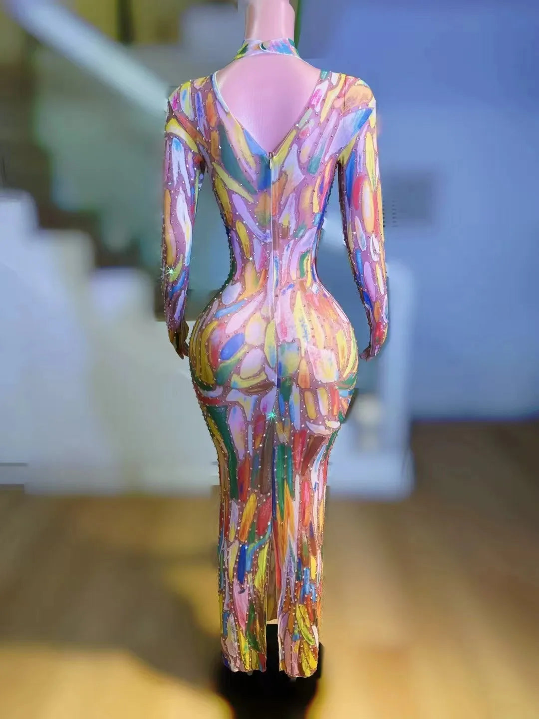 Women Birthday Singer Cheongsam Stylish PromQueen Costume Evening Drag Queen Dress SexyStretch Paint Long Sleeve Dress G020