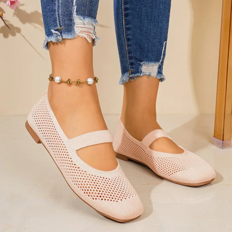 Women Flats Shoes Slip on Foldable Loafers for Women Square Toe Single Shoes Hollow Out Fashion Mom Casual Shoes for Ladies
