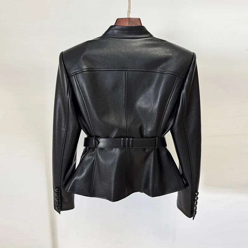 2025 new luxury and fashionable women's clothing belt slim fit leather jacket with multiple pockets motorcycle jacket jacket
