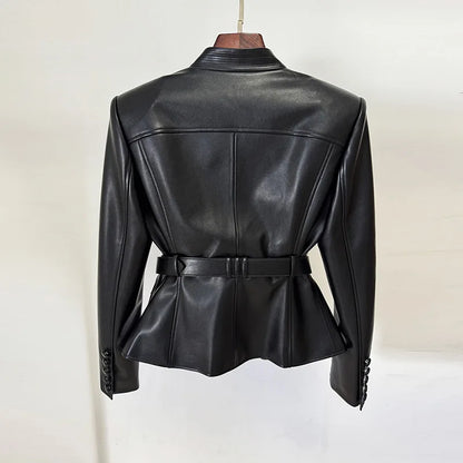 2025 new luxury and fashionable women's clothing belt slim fit leather jacket with multiple pockets motorcycle jacket jacket