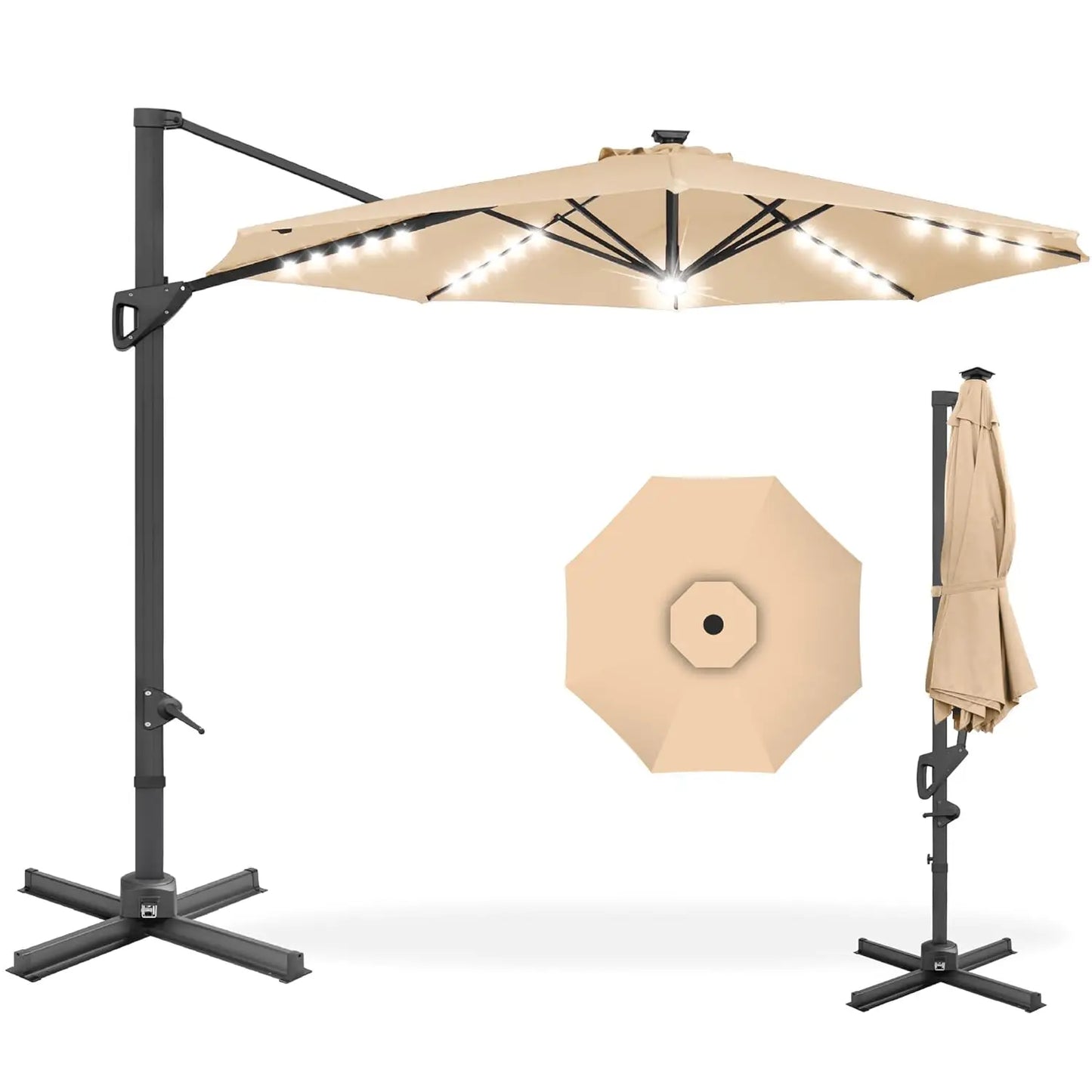 10ft Solar LED Cantilever Patio Umbrella, 360-Degree Rotation Hanging Offset Market Outdoor Sun Shade for Backyard,, Customized