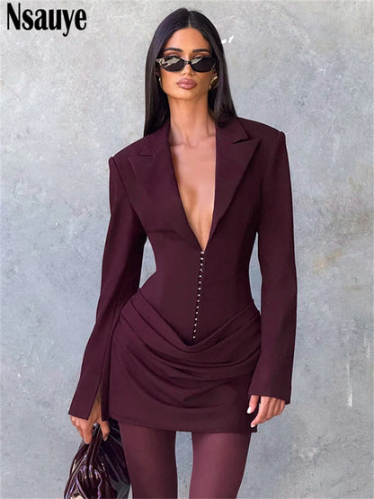 Nsauye Elegant Evening Short Dress Women Fall Long Sleeve Sexy Fashion Night Club Party White Mini Wrap Corset Dress 2025 Winter