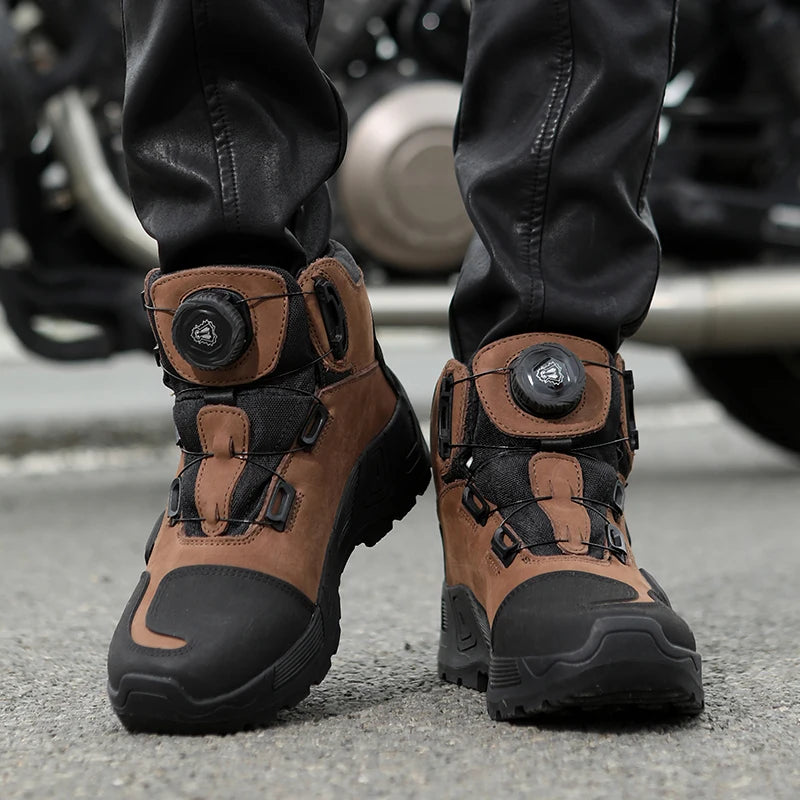 Men Motorcycle Riding Boots Waterproof Cowhide Leather Breathable Anti-Slip Wear-Resistant Street Moto Shoes