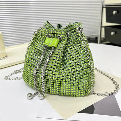 Sparkling Rhinestone Embellished Drawstring Crossbody Bag for Women Multi-Functional Bucket Purse with Detachable Chain Strap