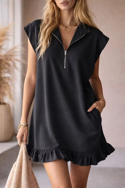 Spring Summer New Sleeveless Pocket Dress Zipper V-neck Ruffled A-line Skirt For Women Fashion Elegant Casual  Holiday Dresses