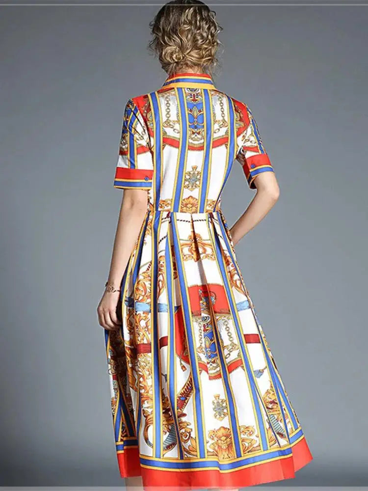 Women's Orange Striped Short Sleeves Vintage Belt Bow Tie Collar Shirt Dress Summer Runway Chain Printing Casual Midi Vestidos