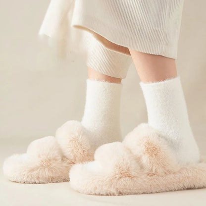 3/6 Pairs Women Autumn Winter Solid Color Plush Mid Tube Socks Warm and Thick Black White Soft Comfortable Casual Socks