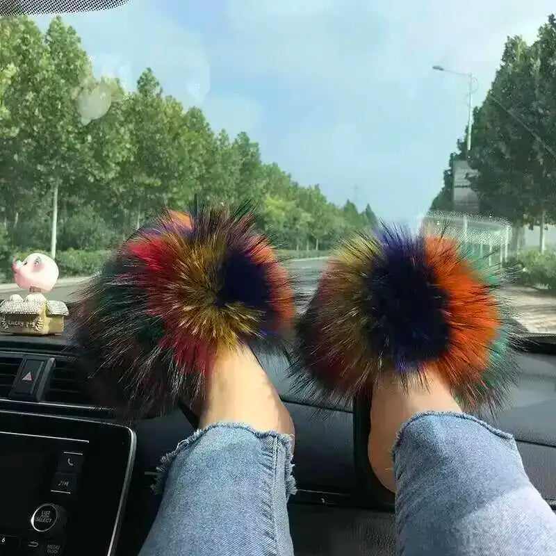 Fur Slippers Women Summer Fluffy Plush Casual Fluffy Flat Non-Slip Real Fox Fur Slides Outdoor Flat Ladies Sandals Flip Flops