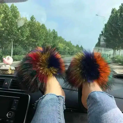 Fur Slippers Women Summer Fluffy Plush Casual Fluffy Flat Non-Slip Real Fox Fur Slides Outdoor Flat Ladies Sandals Flip Flops