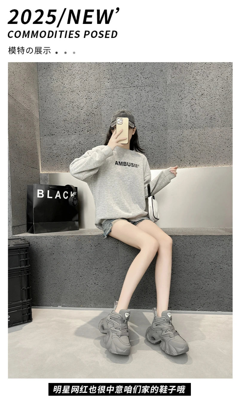 Chunky Platform Hidden Height Increasing Sneakers Casual Lace Up Shoes In White And Grey With Hollow Out Design For Streetwear