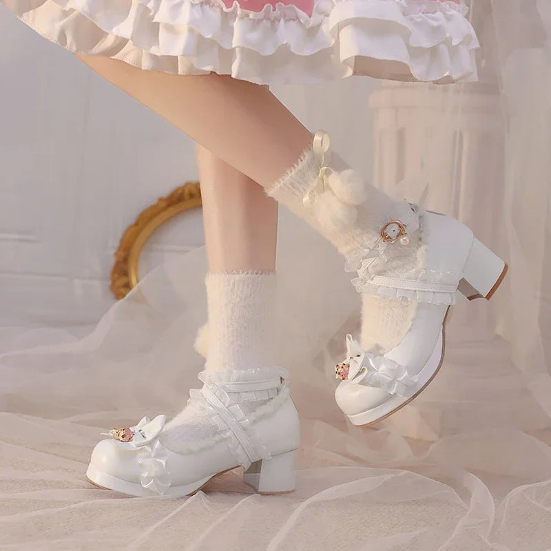 Cross Strap Women High Heels Mary Jane Pumps Party Wedding Cosplay White Pink Black Strawberry Bow Princess Cosplay Lolita Shoes