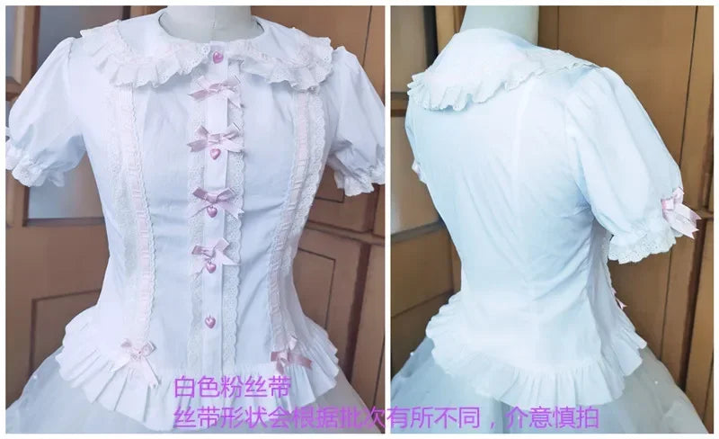 Summer Japanese Lolita Sweet Girls Short-sleeved Tops Women Goth Lace Bow Shirt Single-breasted Blouse Doll Collar Slim Tees New