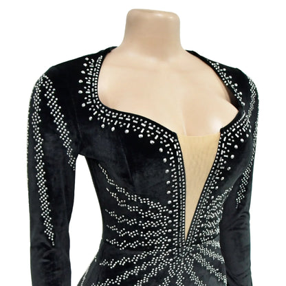2025 Elegant Diamonds Velvet Long Party Dress for Women Sexy Deep V Evening Gown Formal Black Slim Dress Robe