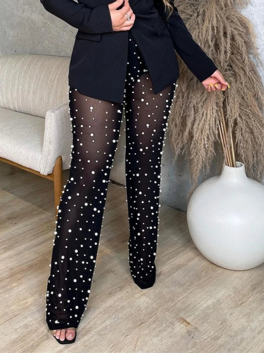 Fall Women's Wide Leg Beaded Pants 2024 Mesh Comfortable Commuter Casual Solid Color Ladies Loose Straight Leg Pants