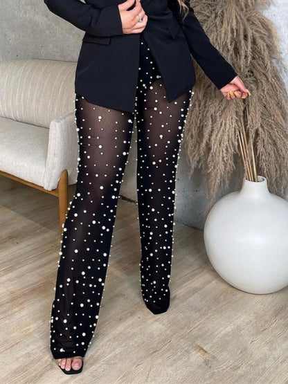 Fall Women's Wide Leg Beaded Pants 2024 Mesh Comfortable Commuter Casual Solid Color Ladies Loose Straight Leg Pants