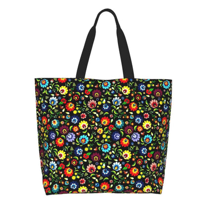 Mexican Ethnic Flowers Tote Bag Large Capacity Zipper Women Grocery Bags Purse Shopping Handbags Casual Travel Shoulder Bag