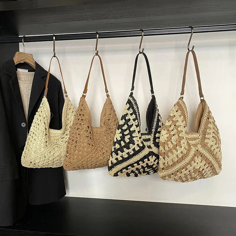 Ladies Knitted Straw Handbag Hollow out Hand Woven Beach Shoulder Bag for Women Seaside Tote Perfect for Vacations