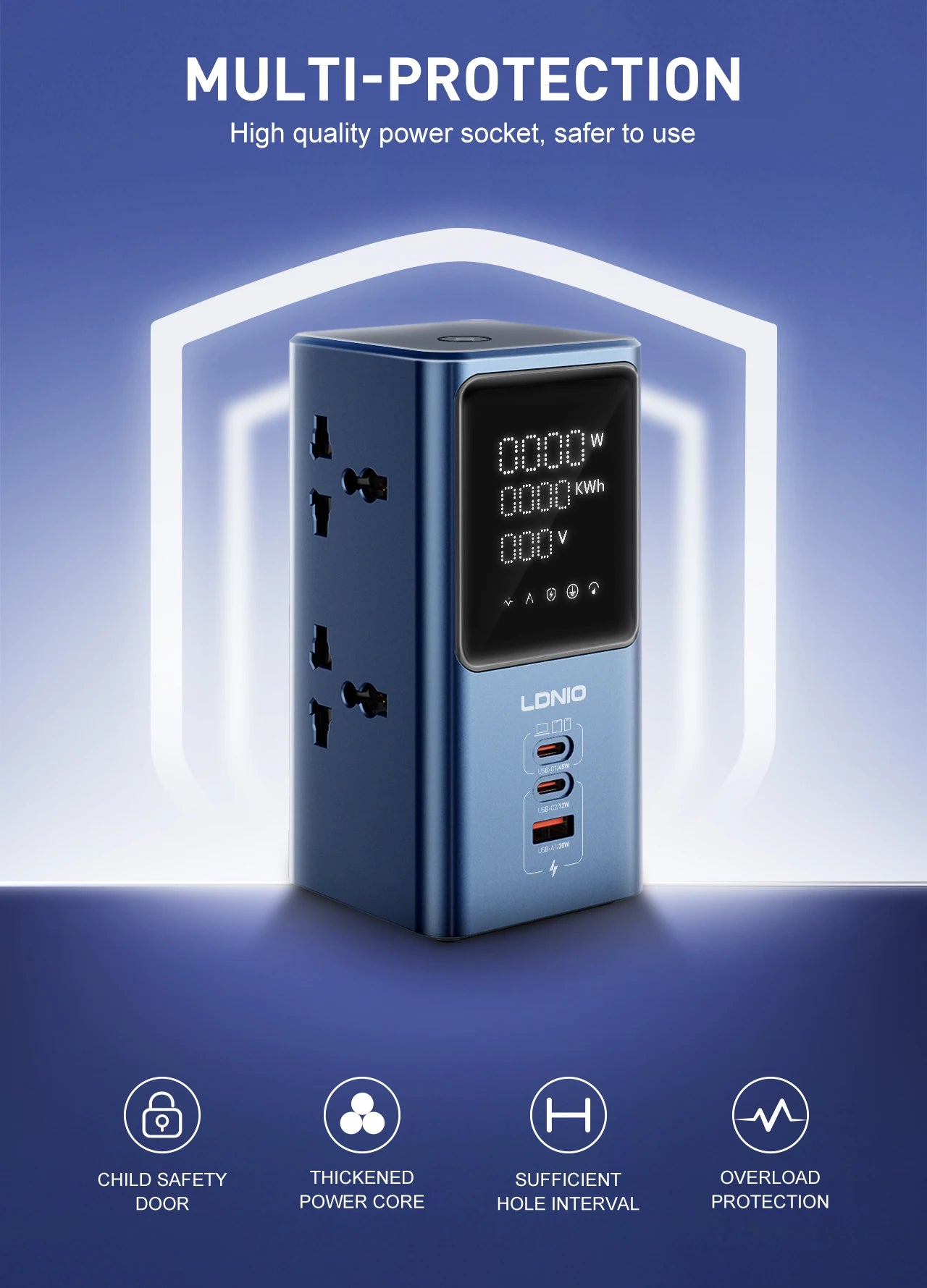 LDNIO Vertical Universal Socket Tower Power Strip Multi Outlets with 45W PD USB C Fast Charging Stations Extension Cable LED