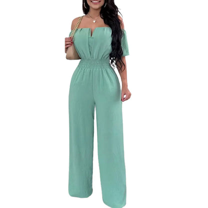 Summer New Women Sexy One Line Shoulder Solid Color Short Sleeve Jumpsuit Slim Elastic Waist Loose Straight Female Long Jumpsuit