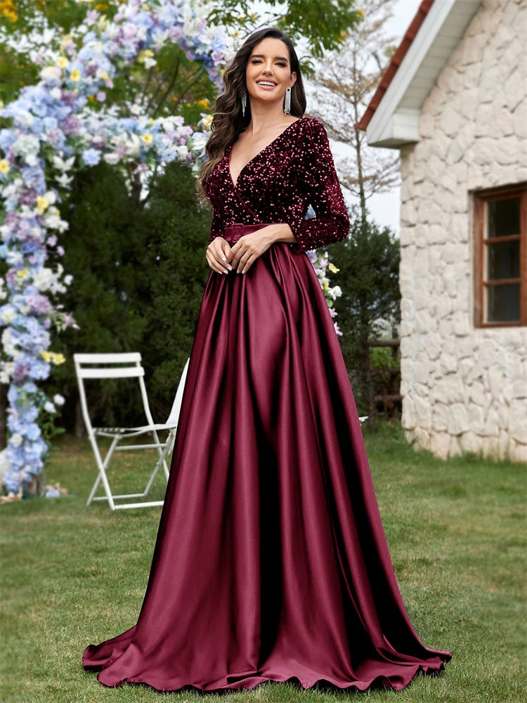 Lucyinlove Luxury Long Sleeve V-Neck Satin Formal Evening Dresses 2025 Elegant Wedding Party Sequins Women Prom Cocktail Gowns