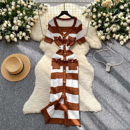 YuooMuoo Chic Fashion Sexy Package Hips Knitted Long Dress 2025 Spring and Summer Elegant Slim Waist Office Lady Sweater Dress