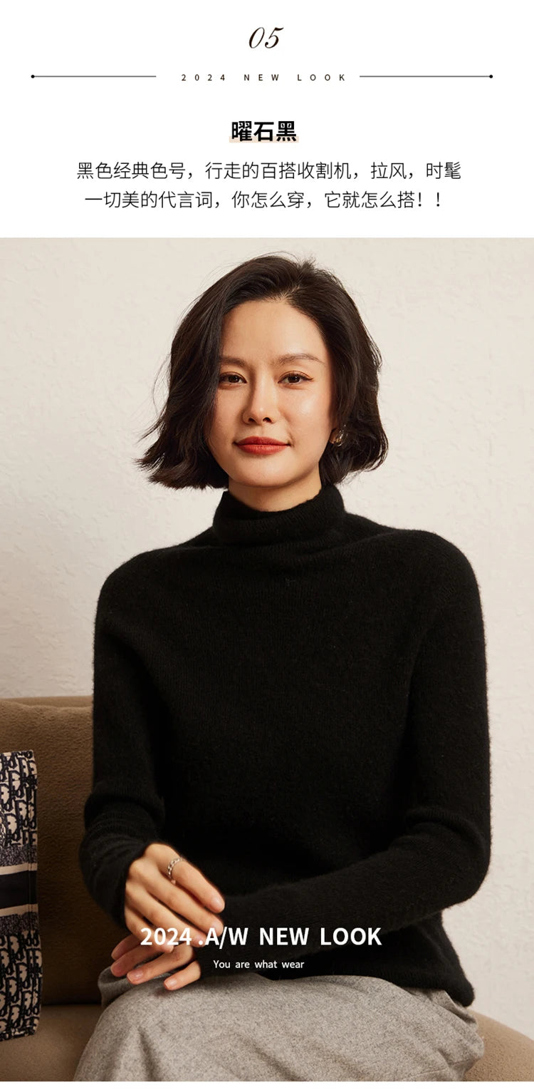100% cashmere sweater women's knitted pullover sweater high neck solid color slim fit soft cashmere basic women's sweater
