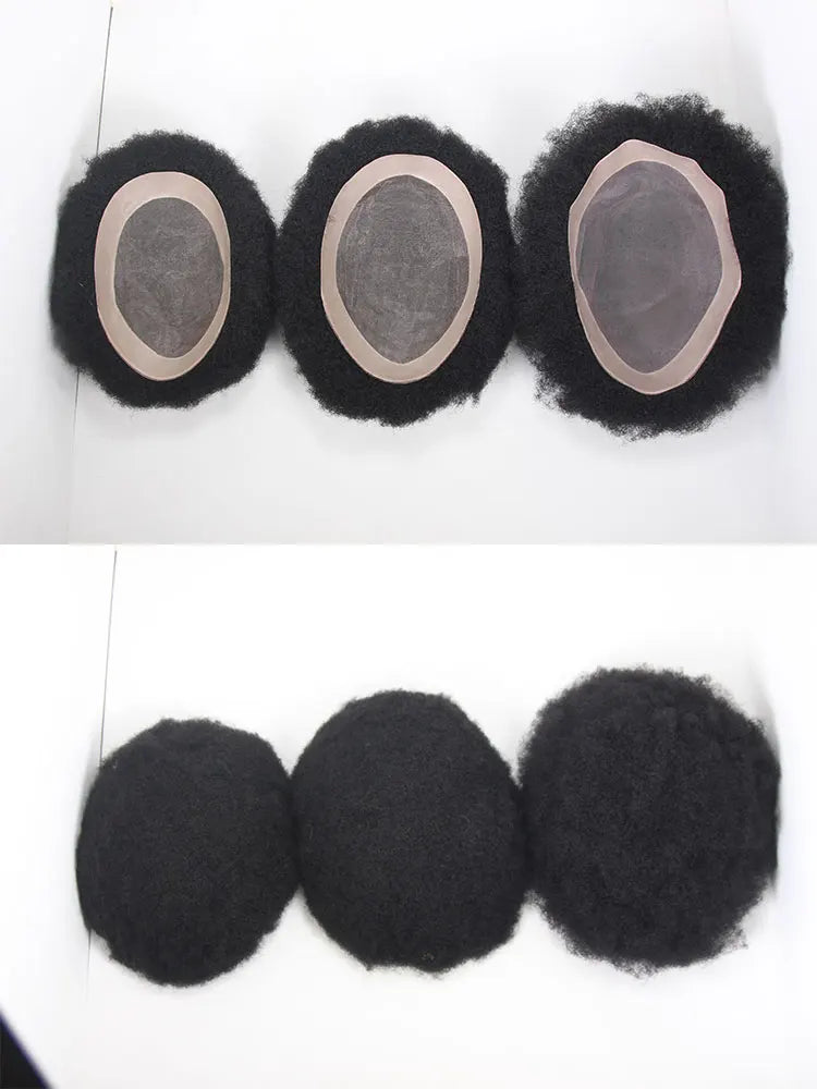 Afro Black Mens Toupee 4MM Man Wigs100% Human Hair African American Systems Afro Curly Hair pieces Replacement 1#Jet black 8x10"