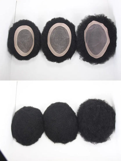 Afro Black Mens Toupee 4MM Man Wigs100% Human Hair African American Systems Afro Curly Hair pieces Replacement 1#Jet black 8x10"