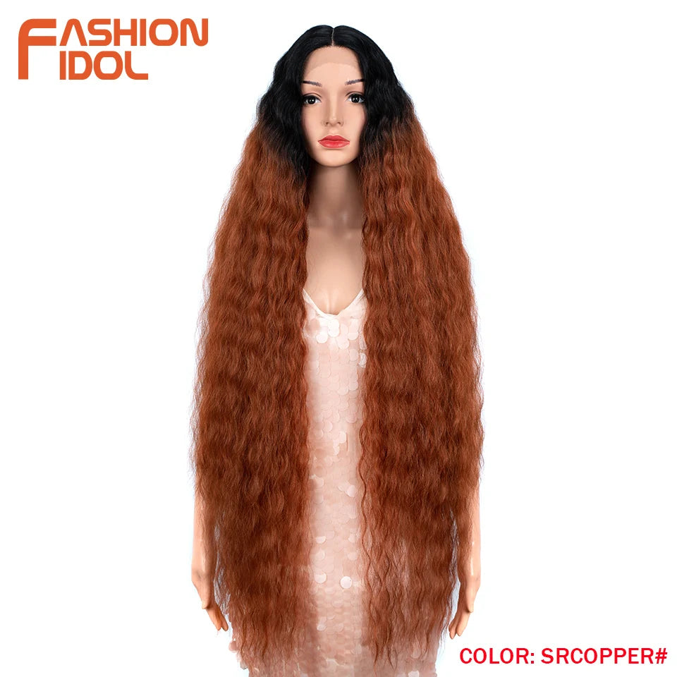 FASHION IDOL 42" Loose Wave Lace Front Wig Hair Synthetic Wigs For Women Ombre Blonde Water Wavy Long Curly Hair Wig Cosplay
