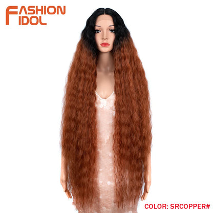FASHION IDOL 42" Loose Wave Lace Front Wig Hair Synthetic Wigs For Women Ombre Blonde Water Wavy Long Curly Hair Wig Cosplay