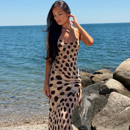 Sexy Leopard Print Women's Summer Dress Y2k Sleeveless Waist Cinching Strap Dresses With Scarf New Casual Beach Party Robe 2026