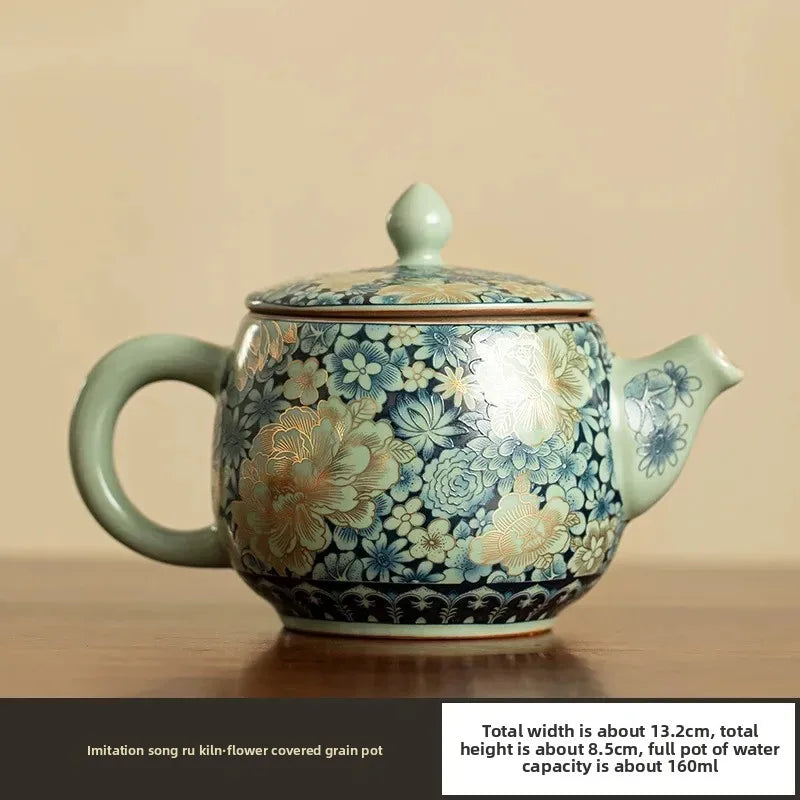 Ru Kiln Ceramic Teapot Gilded Peony Western Han Tile Pot Kung Fu Tea Set Household Tea Pot