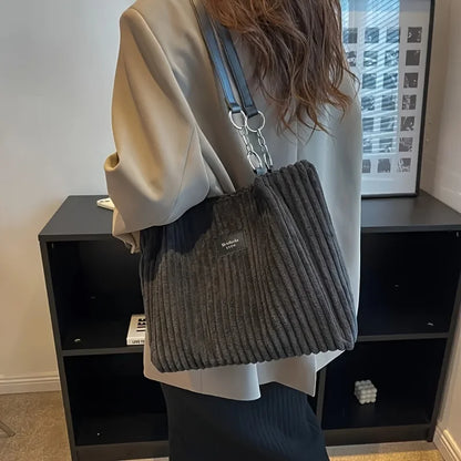 Large Capacity Corduroy Tote Bag Chain Handbag Shoulder Bag for Women, Polyester Lining, Zip Closure, Black, Beige, Khaki, Green