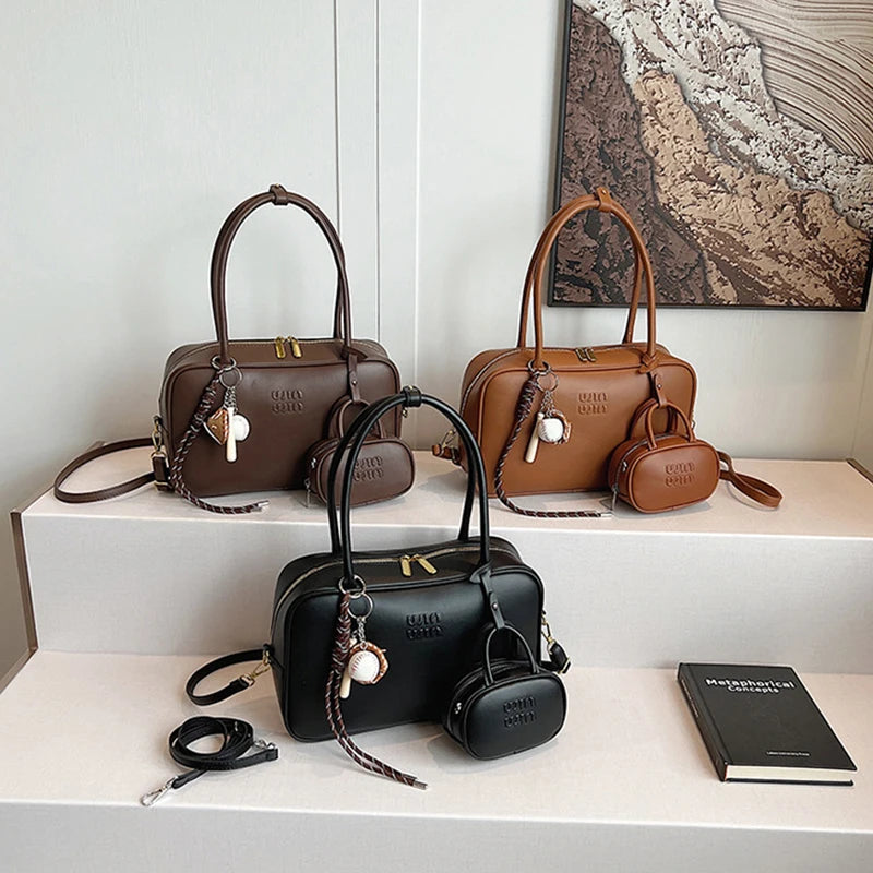 Women's Fashion Bowling Tote Handbags And Purses Retro Shoulder Crossbody Bags Quality Leather Ladies Messenger Bag Mini Purse