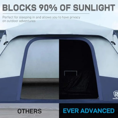 Camping tent for 10 persons, blackout design, black fabric, multi-room layout with rainfly and carry bag, 2 doors, water-resist