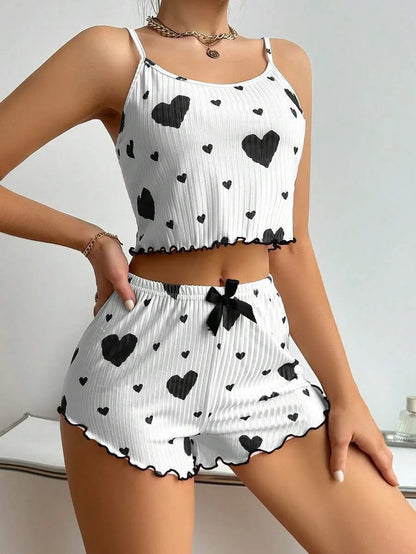 2 Pcs Women's Pajamas Set,Casual Sleepwear Printed Shorts Tank Tops And Shorts White Ventilate Soft Casual Love Printing Suits