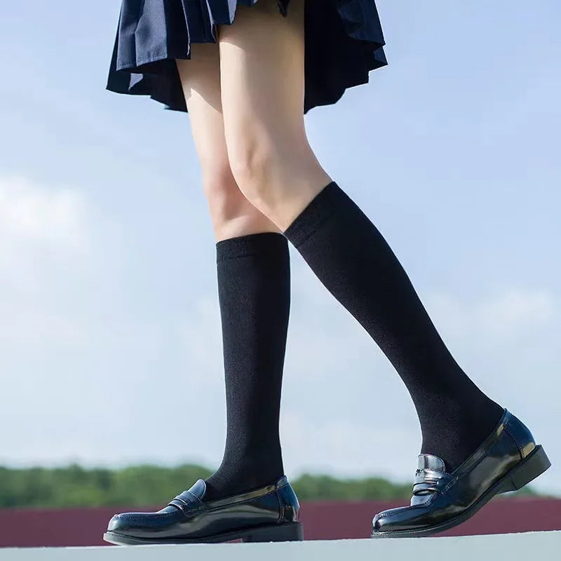 JK Women Black White Knee High Lolita Socks Lady Girls Over Knee Cute Long Sock Thin Breathable Solid Color Stockings For Women