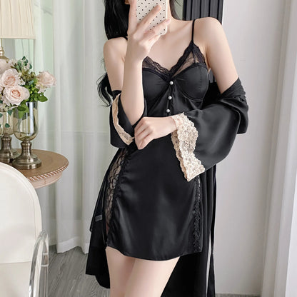Female Nighty&Robe Set Lingerie Sexy Lace Trim Nightgown Sleepwear Spring Summer Kimono Gown Bathrobe Loose Homewear Pajama