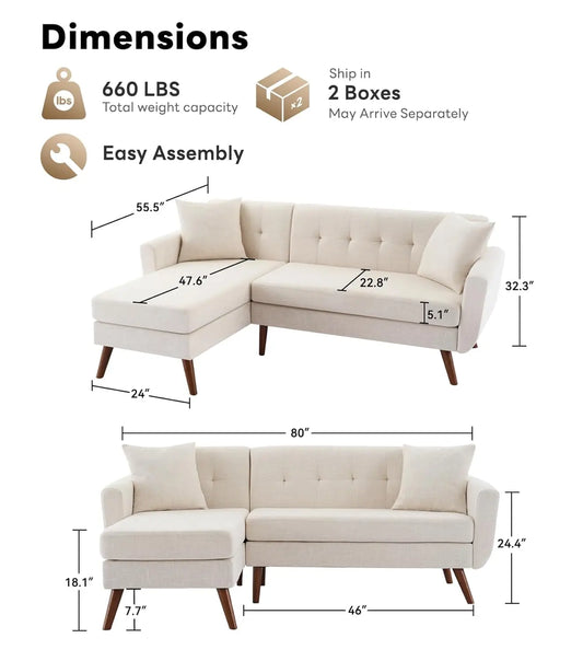 L Shaped Couch Sofa, 80" W Mid-Century Modern Sectional Couches, 3 Seater Sofas with Wide Chaise Lounge, Button, Customized