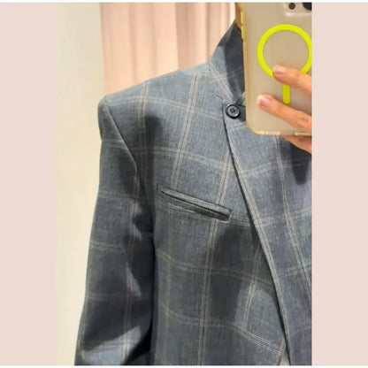 Irregular Plaid Blazer Jacket Women Fashion Stand Collar Full Sleeve Split Loose Short Coat 2026 Lady Daily Commute Outerwear