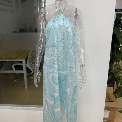 Summer Printed Women Crop Top Metal Strap Backless Lace Up Tank Chic Party Beach Strapless Vestidos 2025 Lady Vacation Clothing