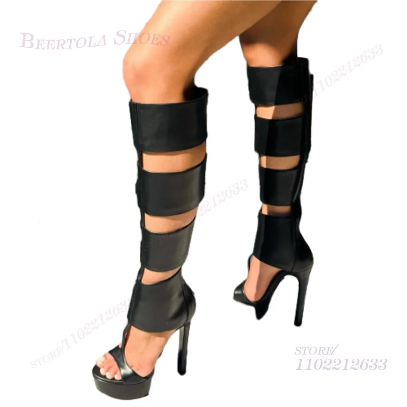 Black Wide Square Leather Plaid Sandals Boots Women Platform Heels Hollow Stiletto Back Zipper Stripes Summer Knee Wrapped Shoes