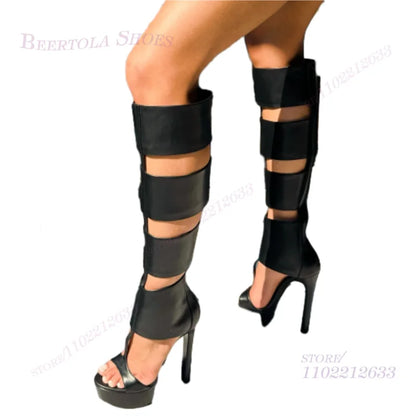 Black Wide Square Leather Plaid Sandals Boots Women Platform Heels Hollow Stiletto Back Zipper Stripes Summer Knee Wrapped Shoes