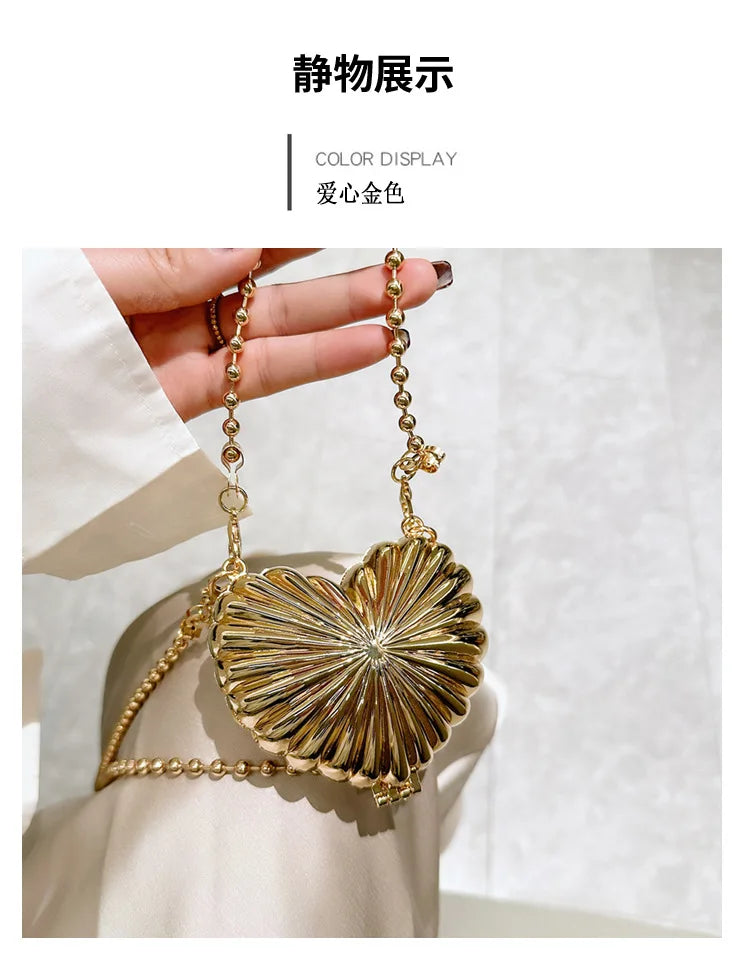 Golden Silver Evening Bag Handbag Luxury Designer Shoulder Crossbody Bags Party Wedding Clutch Mini Heart Pattern Shell Purse