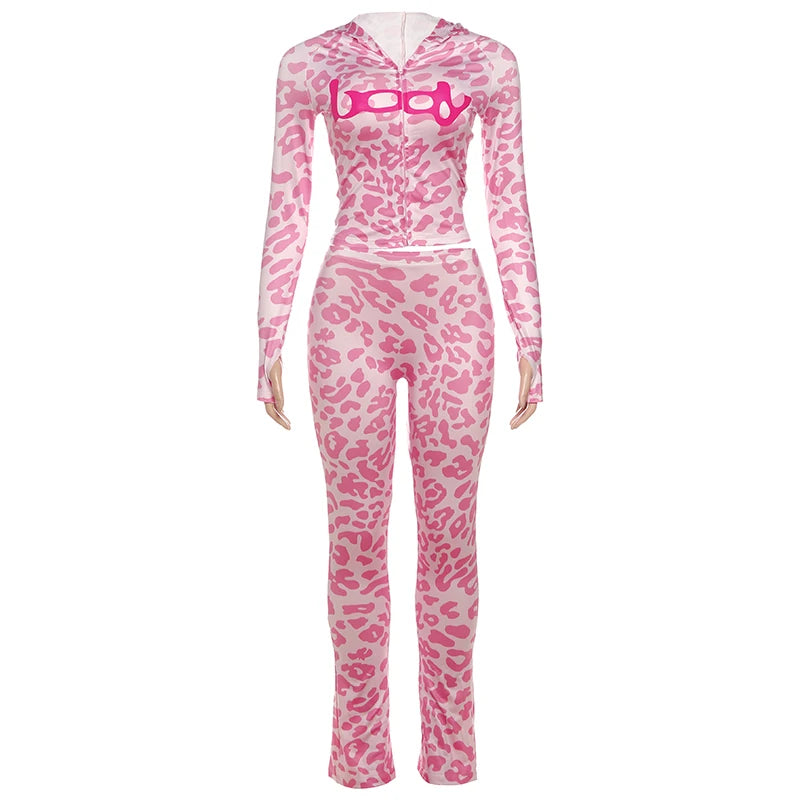 Weird Puss Letter Leopard Print 2 Piece Set Women Casual Zip Hooded Crop Jacke+Leggings Matching Stretch Sporty Street Outfits