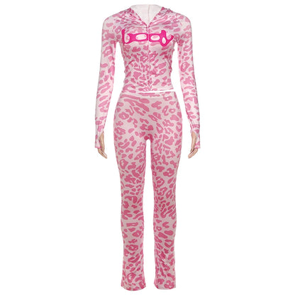 Weird Puss Letter Leopard Print 2 Piece Set Women Casual Zip Hooded Crop Jacke+Leggings Matching Stretch Sporty Street Outfits