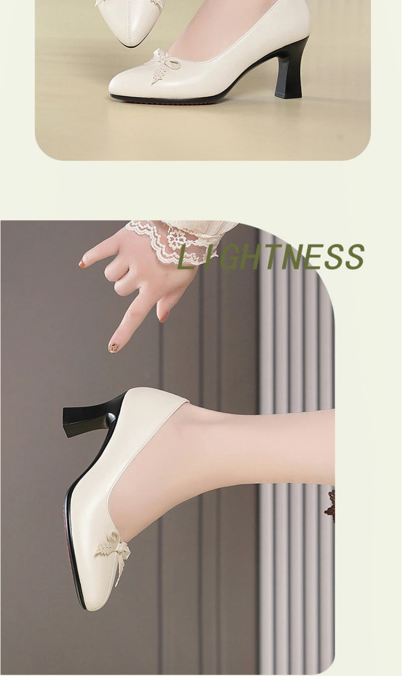 Womens Elegant Bow Decor Block Heel Pumps Smooth Faux Leather Upper Pointed Toe Design Comfort Cushioned Insole NonSlip Outsole