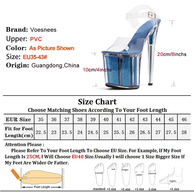 Super High Heel 20CM/8Inches Sexy Transparent Nightclub Sandals Summer Pole Dance Shoes Women Platform Crystal Model Show Heels